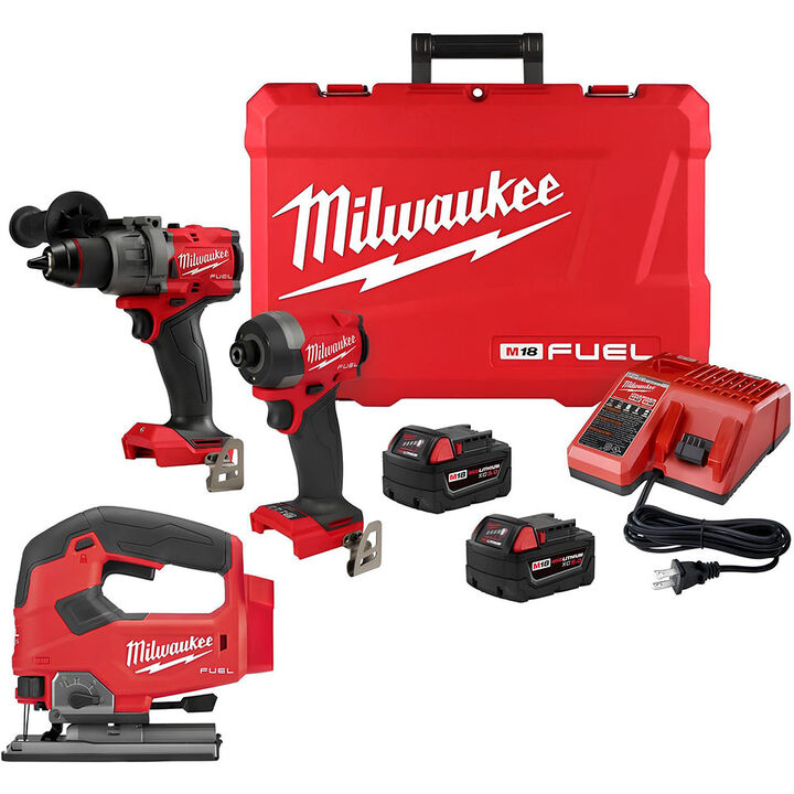 Milwaukee M18 FUEL 1/2 Inch Hammer Drill, 1/4 Inch Impact Driver & Jig Saw Combo Kit Bundle